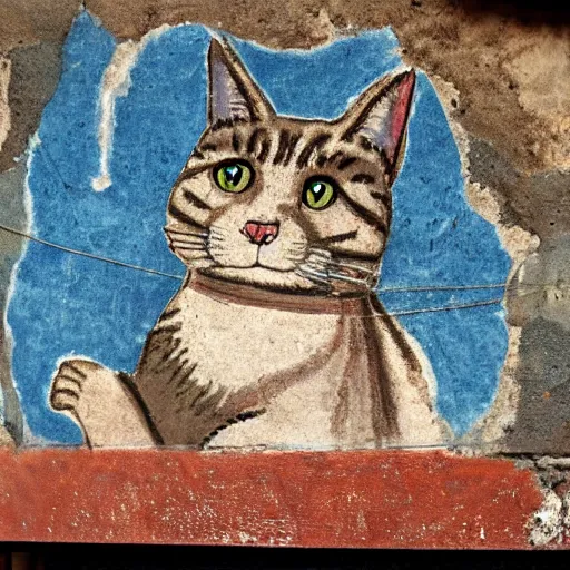 Prompt: roman wall painting of a cat wearing a toga