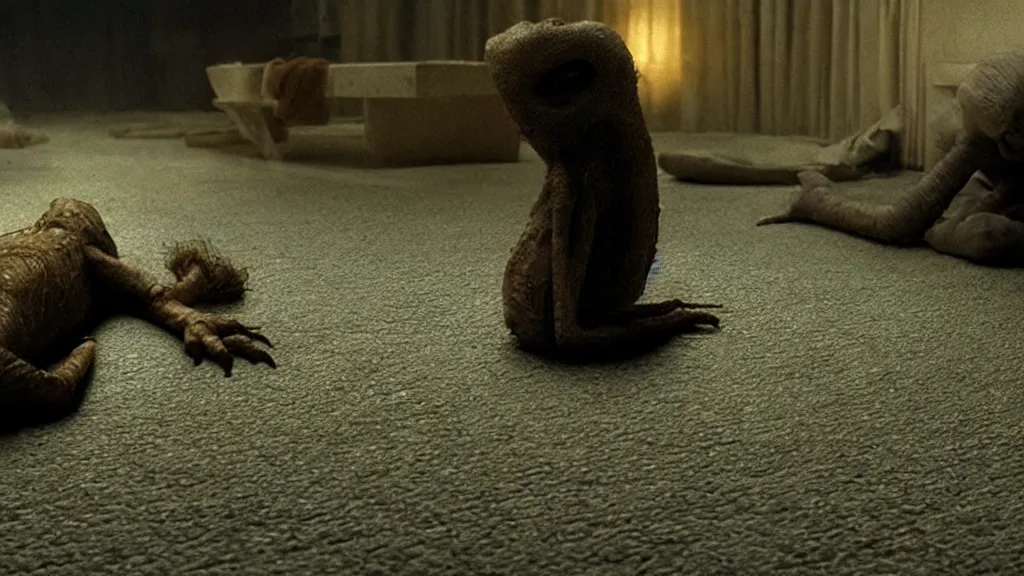 Image similar to the strange creature under the floor, we hear it at night, film still from the movie directed by denis villeneuve and david cronenberg with art direction by salvador dali