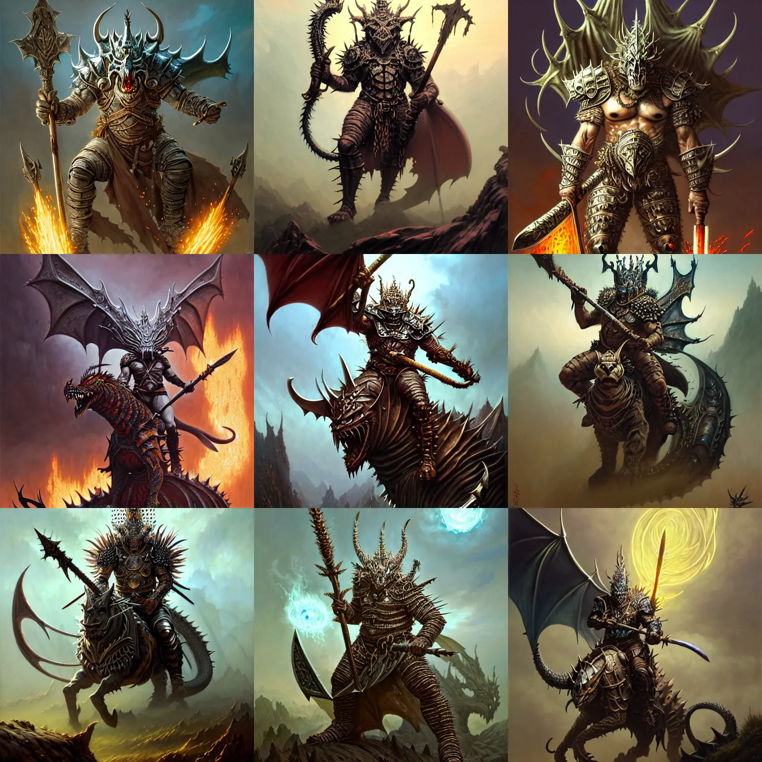 Prompt: fantasy character portrait, orc king in spiky armor with an aura, wearing a dragon mask, sitting on tiger cavalry, holding an axe, ultra realistic, wide angle, intricate details, highly detailed by peter mohrbacher, hajime sorayama, wayne barlowe, boris vallejo, aaron horkey, gaston bussiere, craig mullins