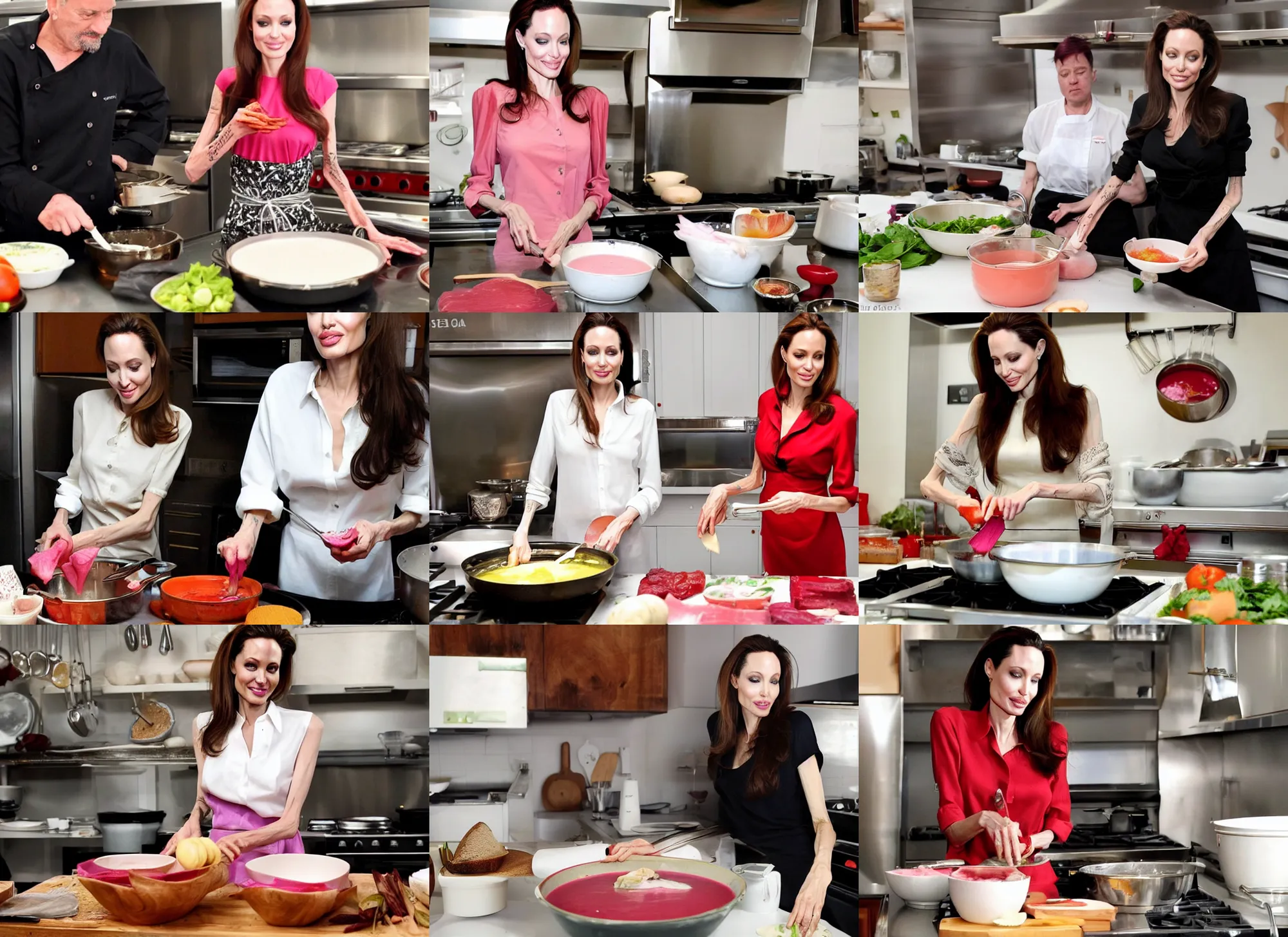 Prompt: beautiful Angeline Jolie cooks borscht in the kitchen,