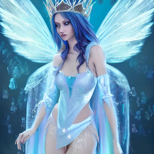 Image similar to a fairy queen with wings wearing a magic silk and lace robe with a hood, crown, pixie, realism, emerald, galaxy, sapphire,blonde hair going down to the floor, moonlit, dark fantasy, ice, icy, pale blue, dramatic lighting, cgsociety, artstation