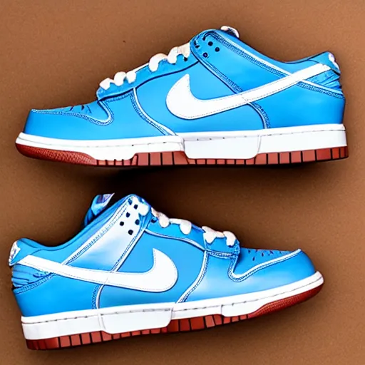 Prompt: a press photograph of nike dunk low baby blue and white, size 1 0, white background