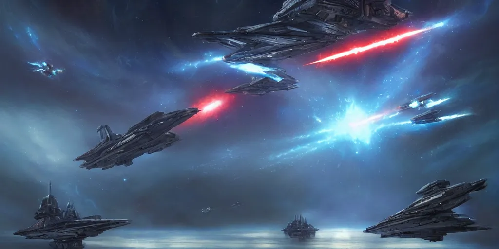 Prompt: A highly detailed Sci-Fi concept art matte oil painting set in space by Greg Rutkowski and Thomas Kinkade of an epic Space battle , Two massive capital ships firing at it each other ,while small fighter ships fly in formation ready to attack , deep space , dark and stars in the background , Blue lazers, perspective , action shot . star wars , trending on Artstation ,HD 4K