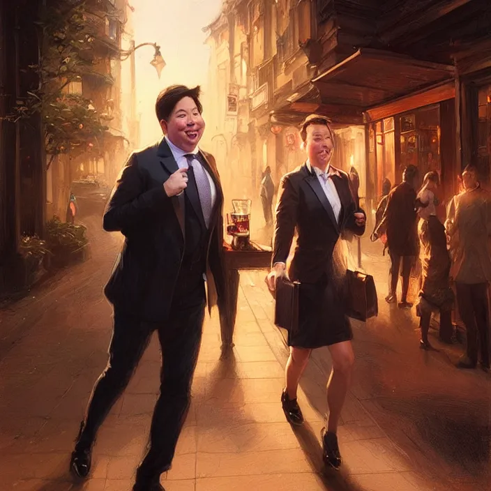 Image similar to michael mcintyre leaving a bar with with a singing waitress, elegant, real life skin, intricate artwork, high detailed, artstation, concept art, smooth, sharp focus, art by artgerm and greg rutkowski