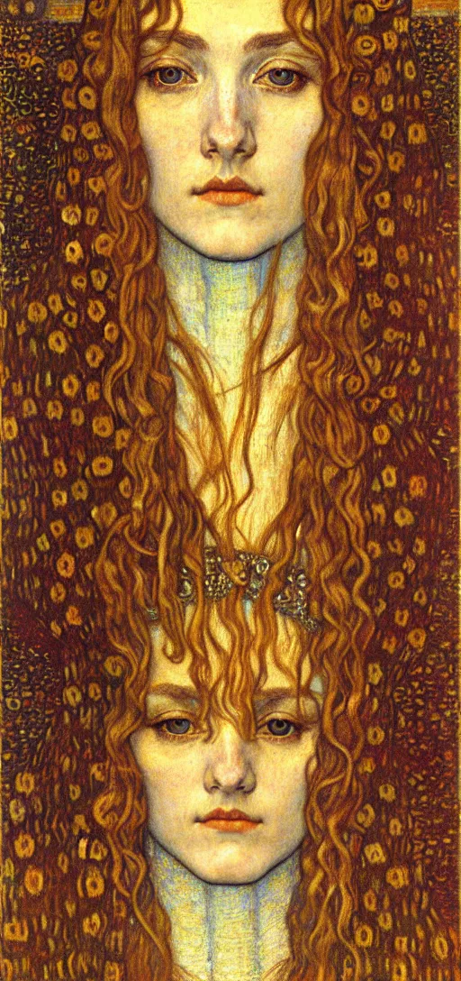 Image similar to detailed realistic beautiful young medieval queen face portrait by jean delville, gustav klimt and vincent van gogh, art nouveau, symbolist, visionary, gothic, pre - raphaelite, muted earthy colors, desaturated