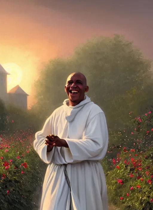 Image similar to oil painting portrait of a happy joyful rejoicing tonsured dominican monk in a white habit, striding through a flourishing garden at sunset with a monastery in the background, hazy, digital art, chiaroscuro, artstation, cinematic, golden hour, digital art painting by greg rutkowski, hazy atmosphere, flowers, cinematic lighting