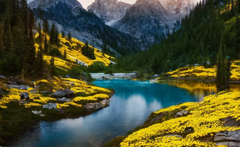 Prompt: photo of epic alpine lake landscape in spring, first light, a few patches of yellow flowers, cinematic, cinematic, art by michael shainblum,