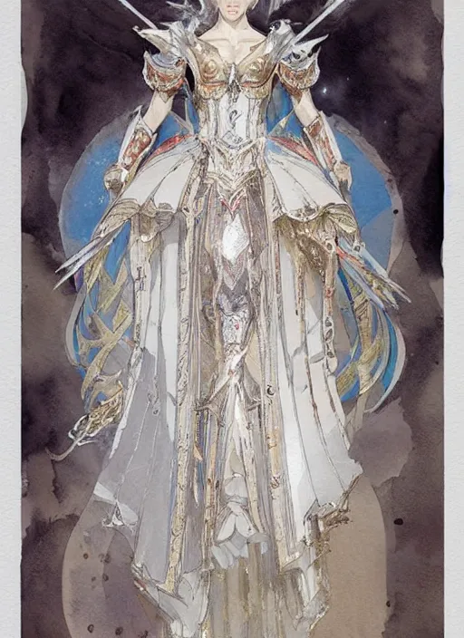 Prompt: concept art of an empress angel # in armor rococo outfit, pinterest, artstation trending, behance, watercolor, by coby whitmore #, silver, laser light,