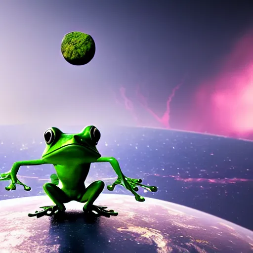 Image similar to a frog warrior lifting the entire planet, concept, art, octane render, cinematic rendering, dramatic lightning, 8 k, space colors