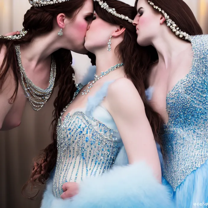 Image similar to photograph of a real-life beautiful ice queen in ornate dress kissing a woman. 8k