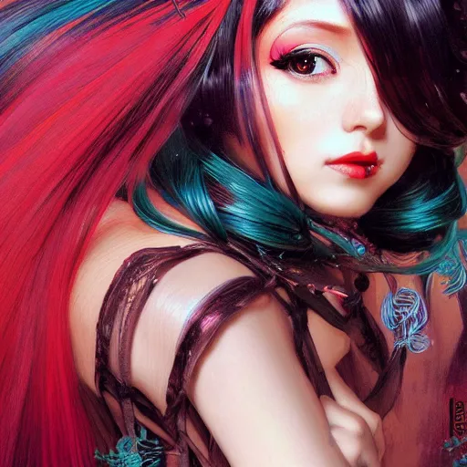 Image similar to a beautiful portrait of hatsune miku with long black and deep red colored hair dressed as a 1 9 7 0 s gogo dancer, intricate, elegant, highly detailed, digital painting, artstation, concept art, matte, sharp focus, illustration, art by greg rutkowski and alphonse mucha