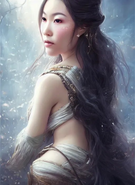 Image similar to a beautiful woman gheisa, 8 k, hyperrealistic, asian hyperdetailed, beautiful face, long hair, dark fantasy, fantasy portrait by laura sava