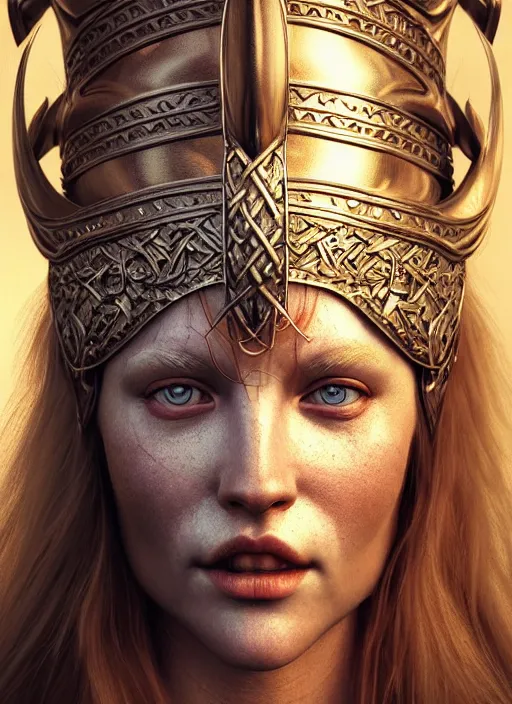 Image similar to hyperrealistic mixed media portrait of a beautiful viking woman, stunning 3d render inspired art by Michael Parkes and Boris Vallejo + perfect facial symmetry + dim volumetric lighting, 8k octane beautifully detailed render, post-processing, extremely hyperdetailed, intricate, epic composition, grim yet sparkling atmosphere, cinematic lighting + masterpiece, trending on artstation