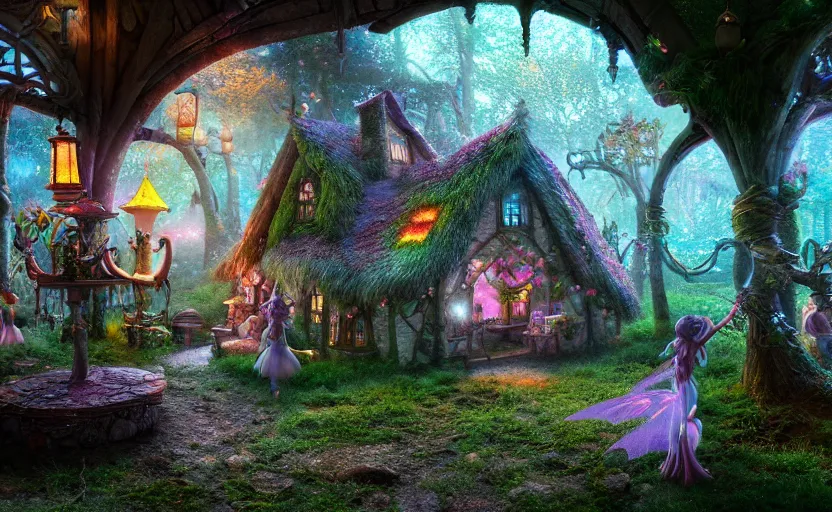 Prompt: inside an ethereal magical fairy village, highly detailed, 8 k, hdr, award - winning, octane render, artstation