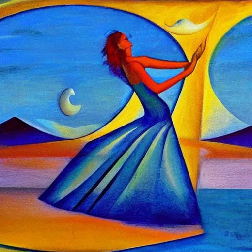 Prompt: woman dancing with a triskele by the ocean while the waves crash on the seashore, high quality art in the style of cubism and geogia o keefe