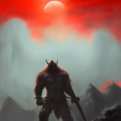 Prompt: orc by zdzislaw belinski, red clouds