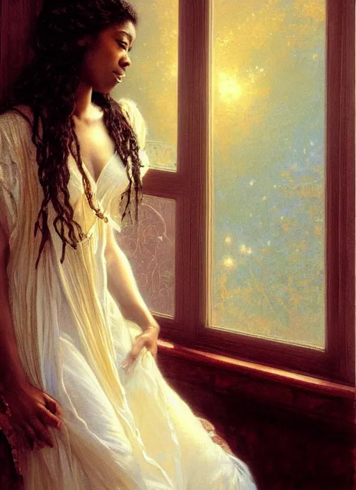 Prompt: a beautiful young black woman with long flowing hair in a flowing white gown in looking out a window through gauzy curtains, highly detailed painting by gaston bussiere, craig mullins, j. c. leyendecker 8 k