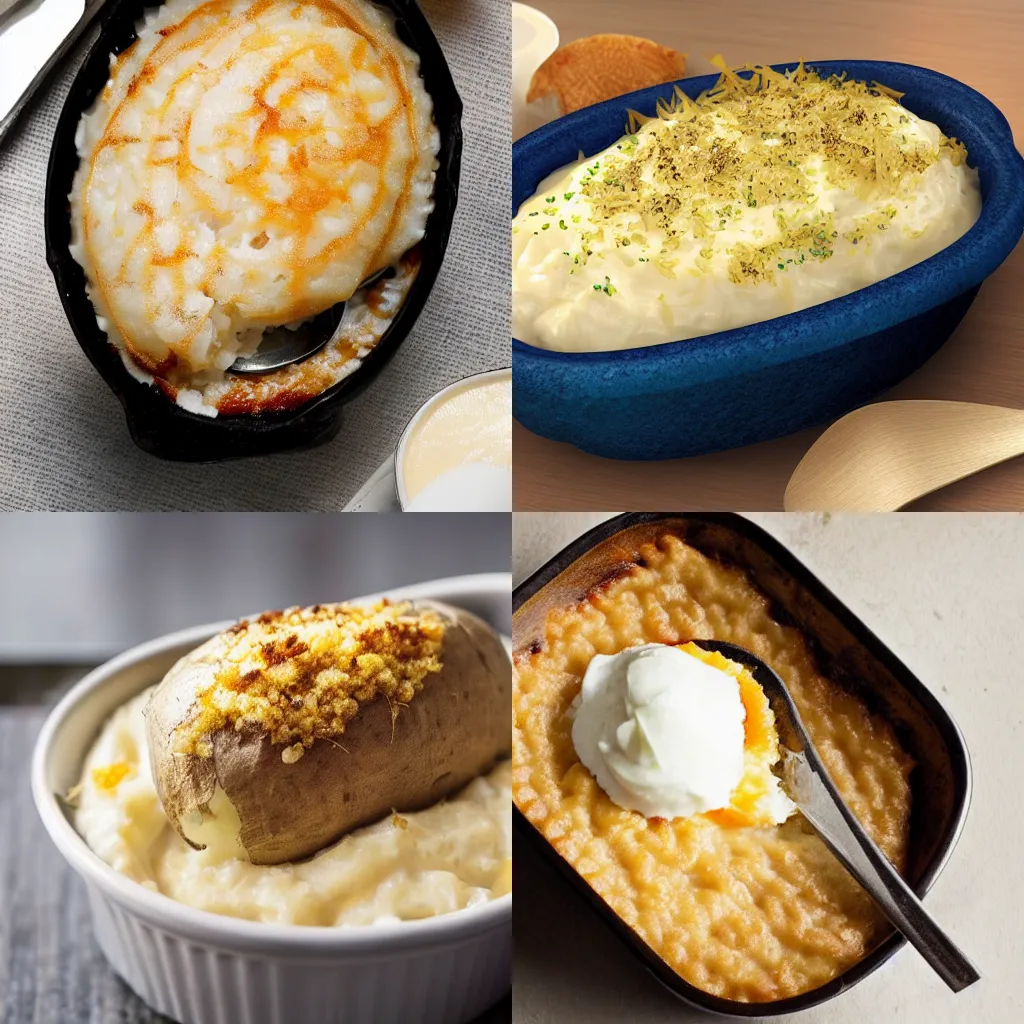 Prompt: a baked potato full of rice pudding, photo realistic