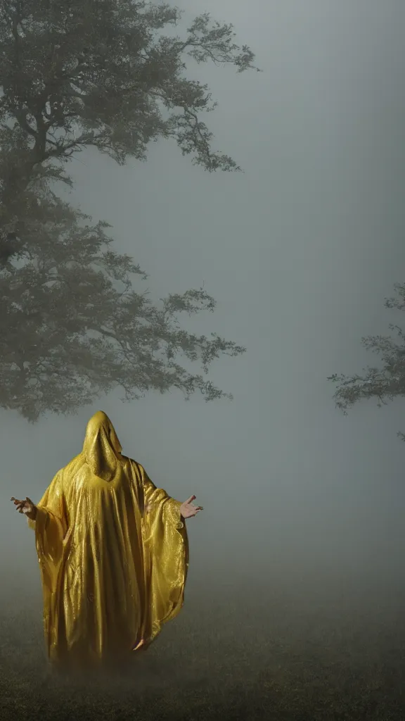 Image similar to photo of a mystical figure in golden robes sneaking through a swamp in the fog, cinematic lighting, highly detailed, horror