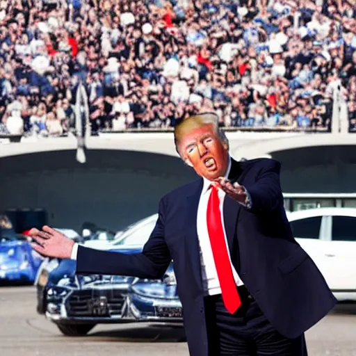 Image similar to photograph of donald trump throwing balls at cars on the highly