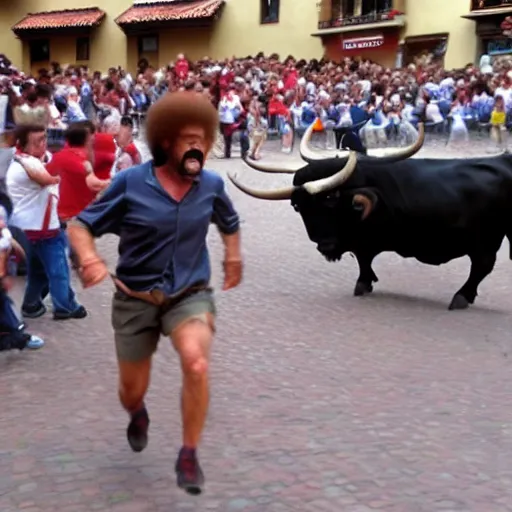 Image similar to screaming bob ross running from a bull in pamplona spain