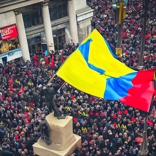 Image similar to a crowd of people with ukrainian flags destroy a statue of vladimir lenin, leica sl 2 5 0 mm, dslr, vivid color, high quality, high textured, real life