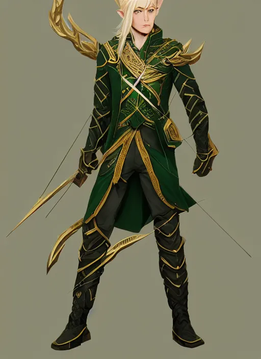 Image similar to Half-body of a handsome blonde elven ranger in green and gold jacket with a crossbow. In style of Hyung-tae Kim and Greg Rutkowski, concept art, trending on ArtStation, Korean MMORPG, over-detailed art, 4K, epic, dynamic lightning, dramatic pose.