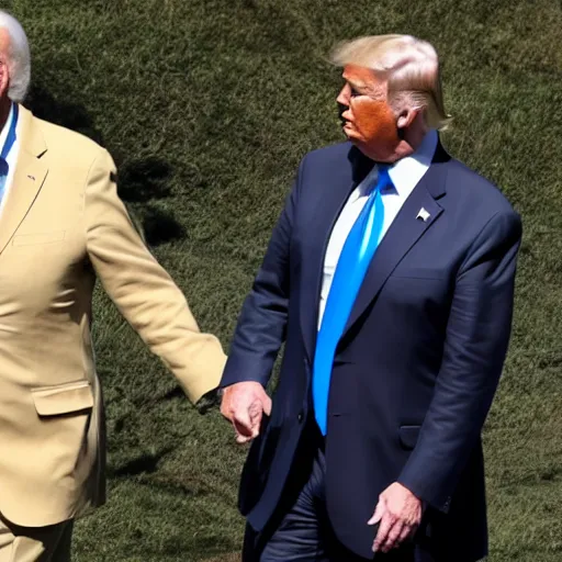 Prompt: trump and biden holding hands