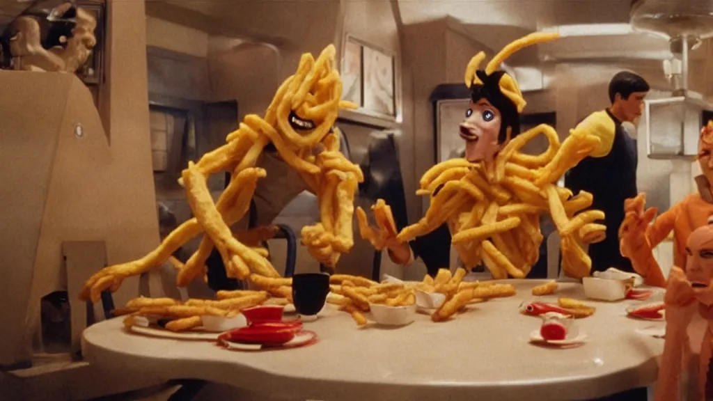 Image similar to french fry monster fighting Star Trek Characters, film still from the movie directed by Denis Villeneuve with art direction by Salvador Dalí, wide lens