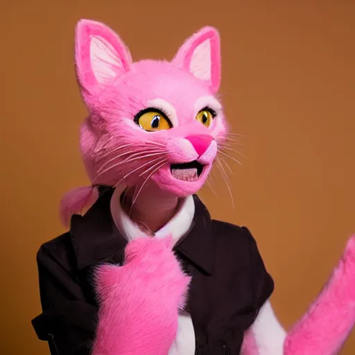 Prompt: cute pink cat fursuiter at a furry convention, realistic photograph, cinematic lens, studio lighting, indoors