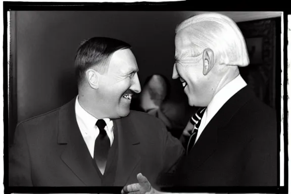 Image similar to “ very very intricate photorealistic photo of hitler and joe biden laughing together, detailed natural lighting, award - winning crisp details ”