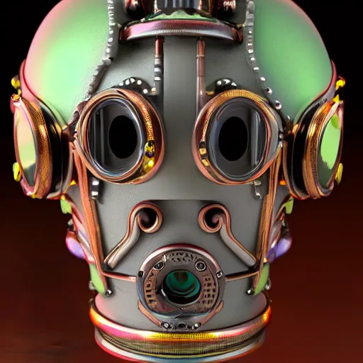 Image similar to a claymodel of a steampunk rococo spaced out futuristic robot head wearing multicolored tubes, 8 k, front view, symetrical, flourescent colors, halluzinogenic, multicolored, exaggerated detailed, front shot, 3 d render, octane