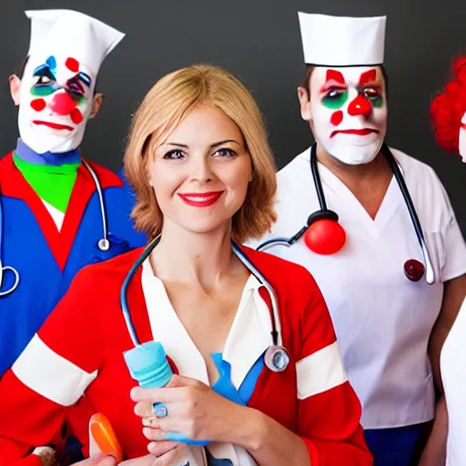 Prompt: nurse surrounded by clowns