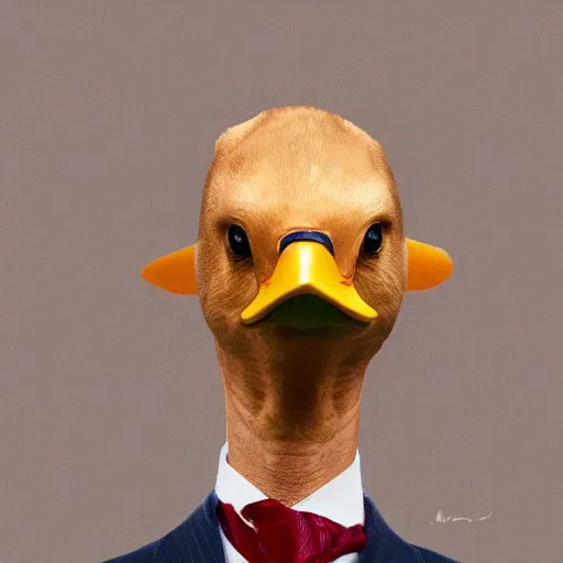 Image similar to a high detail photo of a man with a duck's head wearing a suit, photorealism