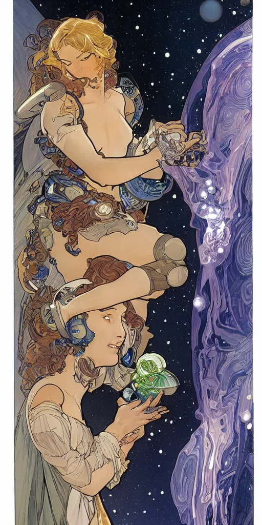 Image similar to a woman wearing outer space as a dress, pouring water from a vase into the milky way, by travis charest, by alphonse mucha, battle chasers.