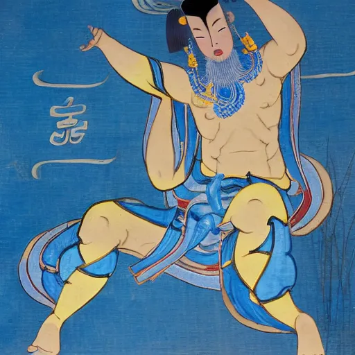 Image similar to muscular genie with blue skin covered in oil in Style of korean traditional folktale painting by Shin Yun-bok; Sin Yun-bok ; 8k resolution