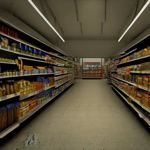 Prompt: grocery store aisle at the bottom of the ocean, cinematic movie scene, 120mm wide shot, precise architectural rendering, concept art, unreal engine, octane render, god rays