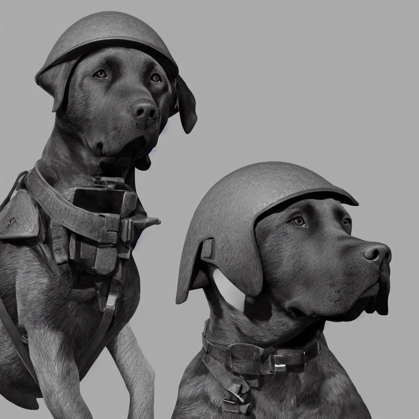 Prompt: a labrador dog wearing soldier helmet in battle, ww 2, historical photo, hyperrealistic, concept art, octane render, unreal engine 5, trending on artstation, high quality, extremely highly detailed, 8 k, black and white, higj contrast, high coherence, close up photo, centered, path traced