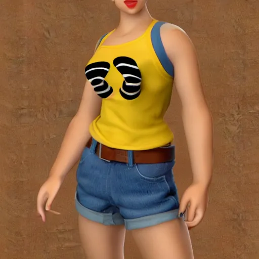 Image similar to 3 d render, portrait, upper body shot, mid shot, anthropomorphic mouse, female, wearing denim short shorts and a off yellow tank top shirt, in the style of rescue rangers