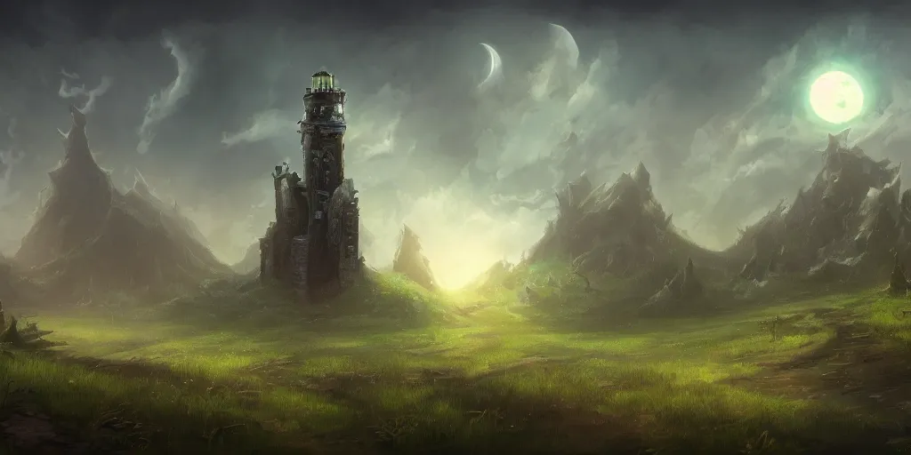 Image similar to The single lonesome grand wizard tower by Tyler Edlin, fantasy art, green fields in the background, wide angle, cinematic composition, dark moody lighting, moon in the sky