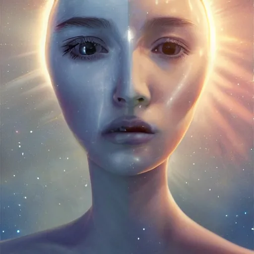 Image similar to sci - fi, close - up, 3 d, moon rays, night, sleepy fashion model face, cinematic, clouds, sun rays, vogue cover style, poster art, blue mood, realistic painting, intricate oil painting, high detail illustration, figurative art, multiple exposure, poster art, 3 d, by tooth wu and wlop and beeple and greg rutkowski