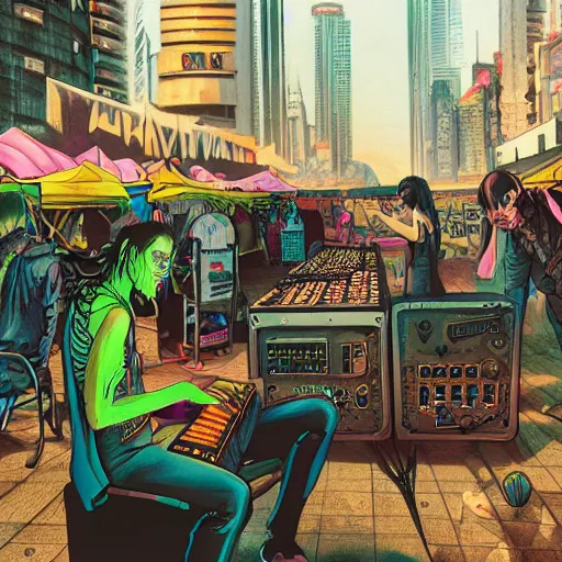 Image similar to cyberpunk goth homeless man cyborg playing a cyberpunk moog synthesizer at cyberpunk farmers market by william barlowe and pascal blanche and tom bagshaw and elsa beskow and enki bilal and franklin booth, neon rainbow vivid colors smooth, liquid, curves, very fine high detail 3 5 mm lens photo 8 k resolution