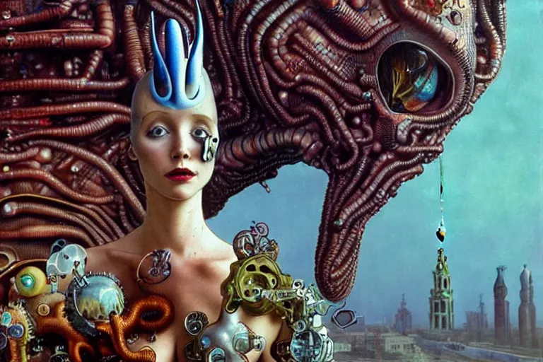 Image similar to extremely detailed movie shot closeup portrait of a beautiful alien girl wearing leather coat, saint petersburg city background by denis villenueve, yves tanguy, ernst haeckel, roger dean, amano, alphonse mucha, dynamic composition, rich moody colours