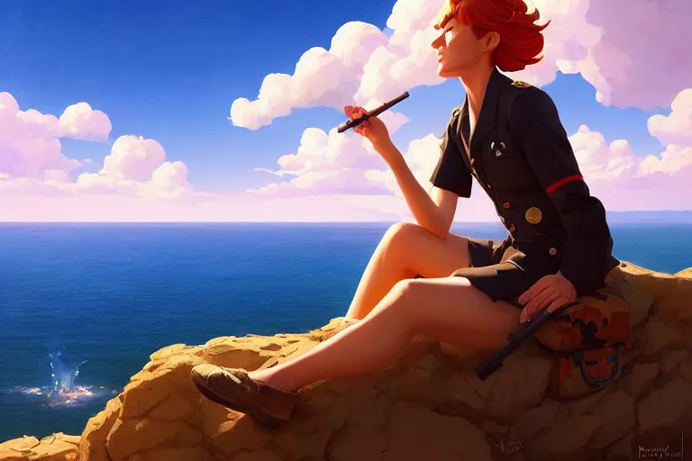 Image similar to a painting of a military woman sitting on a cliff, smoking a cigarette, a character portrait by rhads, makoto shinkai and lois van baarle, ilya kuvshinov, rossdraws global illumination and tom bagshaw, cg society, fantastic realism, intricate, detailed