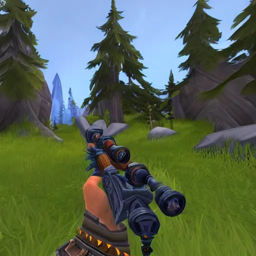 Image similar to world of warcraft re - imagined as a first person shooter. holding a rifle with a scope