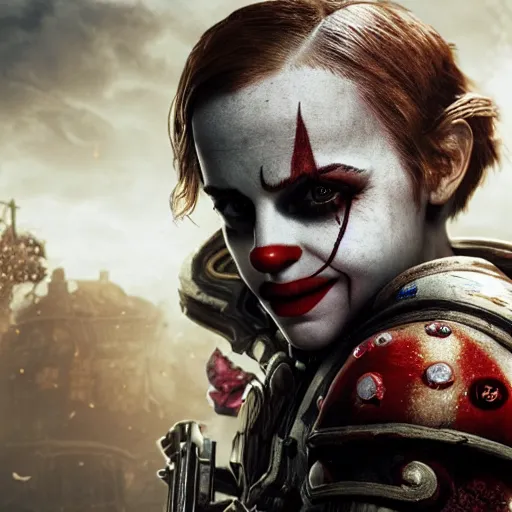 Image similar to emma watson as a clown in gears of war, splash art, movie still, cinematic lighting, ray tracing, detailed clown face, octane render, long lens, shallow depth of field, bokeh, anamorphic lens flare, 8 k, hyper detailed, 3 5 mm film grain