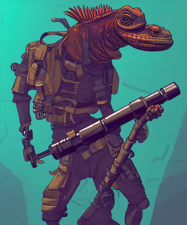 Image similar to a portrait of an anthropomorphic iguana holding a bazooka, cyberpunk!, fantasy, elegant, digital painting, artstation, concept art, matte, sharp focus, illustration, art by josan gonzalez