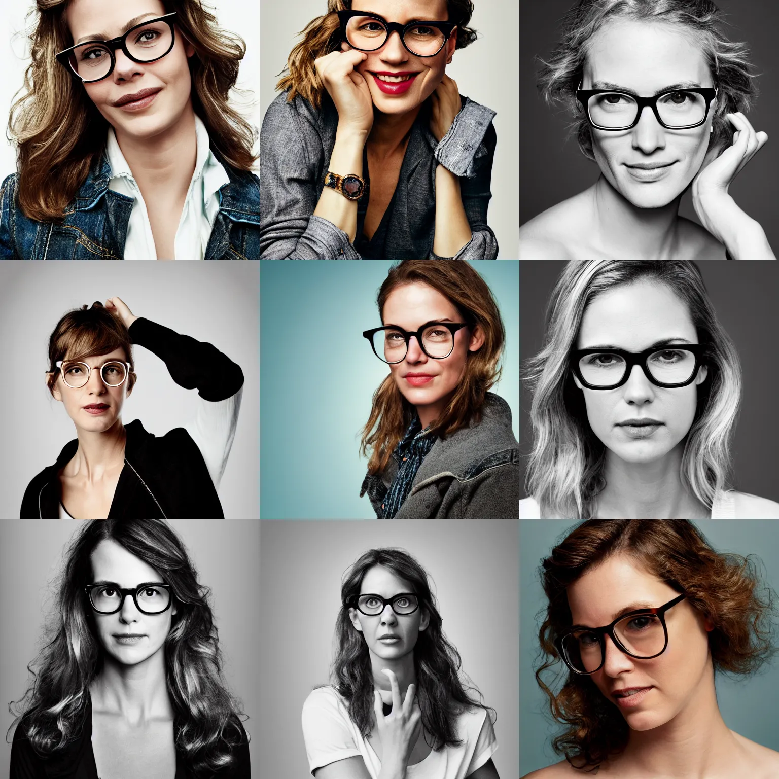 Prompt: Photo of Jennifer Gardner wearing Warby Parker glasses, soft studio lighting, photo taken by Martin Schoeller for Abercrombie and Fitch, award-winning photo, 24mm f/1.4