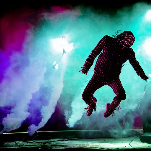 Image similar to Jumping Beetlejuice smashing computers, group of people on stage playing instruments, elaborate stage effects, dust, smoke, giant LED screens, colored projections, ultrafine detail, cybersuit, glowing thin wires, smoke, high contrast, projections, holography, volumetric lighting, cinematography by Jim Jarmusch