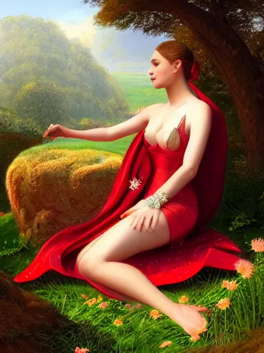 Prompt: venus, wearing a magnificent dress, sitting on a red divan in the middle of a beautiful green plains during spring. intricate, elegant, highly detailed, digital painting, artstation, concept art, sharp focus, illustration, by justin gerard and artgerm, 8 k